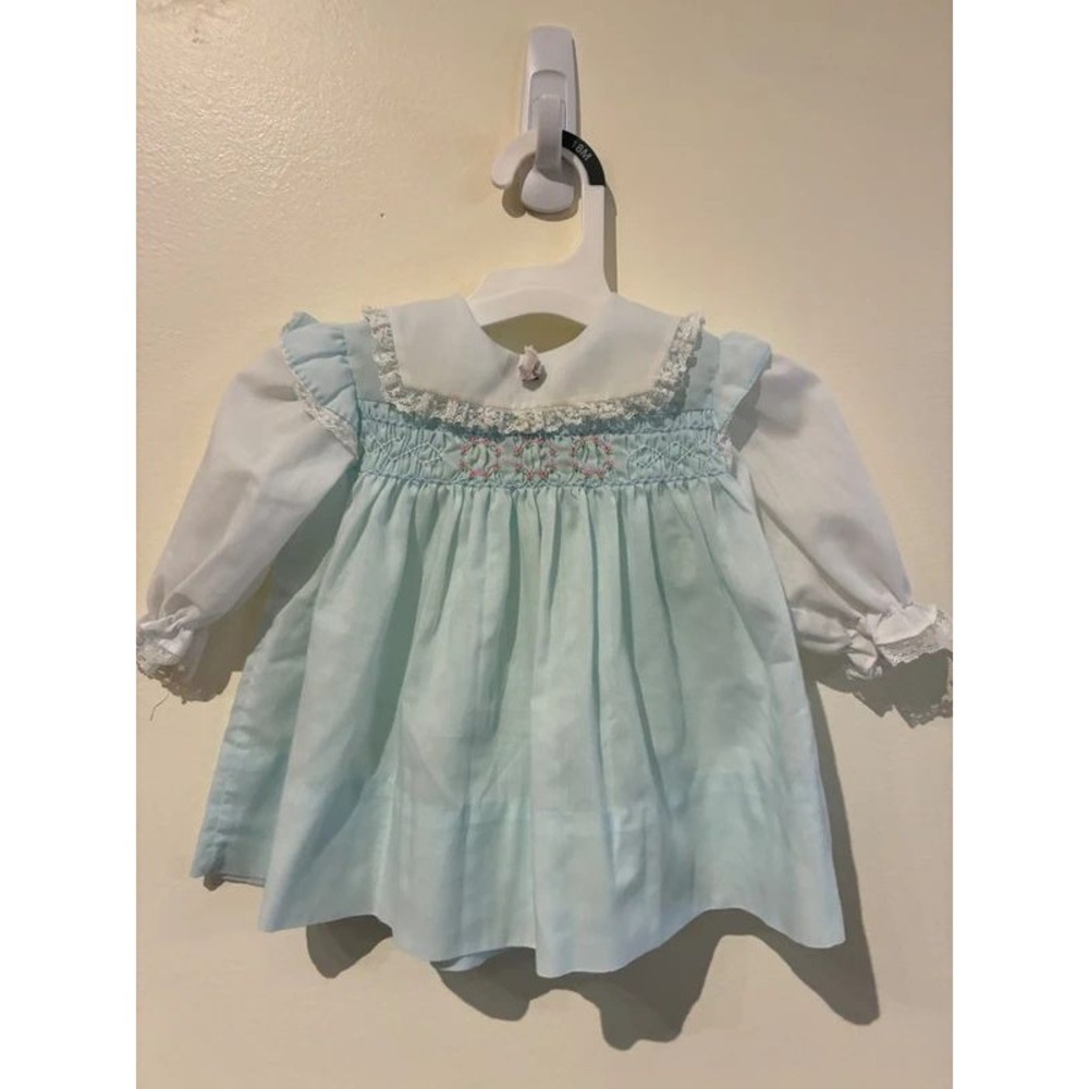 Polly Flinders Hand Smocked Infant Dress Blue Pink Floral Lace Trim 3-9 Months